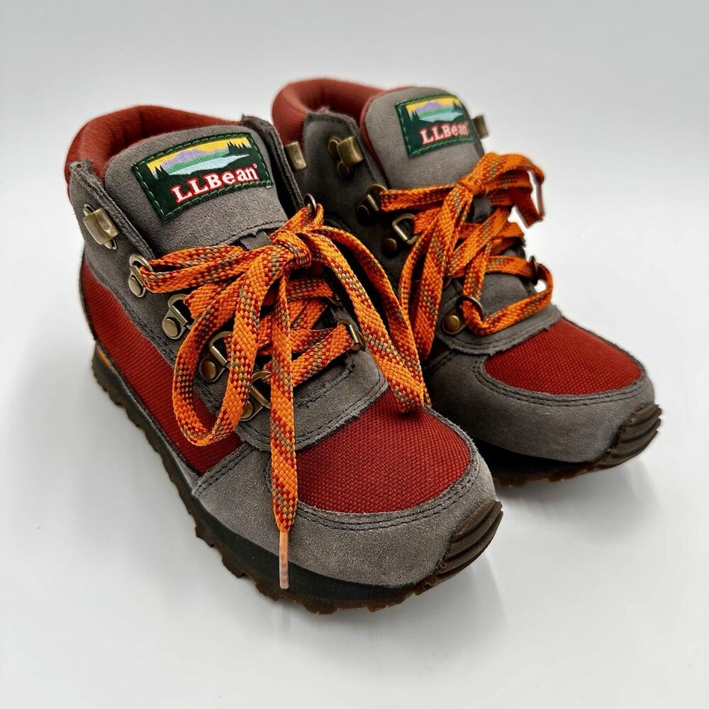 L.L.Bean Kids Hiking Boots Size 2 Red Gray Orange Lace Trail Outdoor Shoes